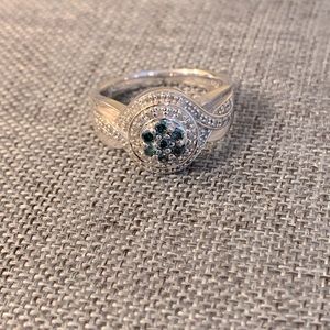 Blue and white diamond ring. Set in sterling silver. Vintage style. Size 7.